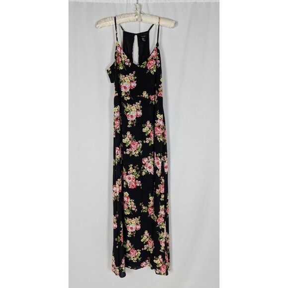 Forever 21 Dress M Women's Black Floral Vneck  Cut Out Sides Key Hole Back Maxi - Picture 1 of 9